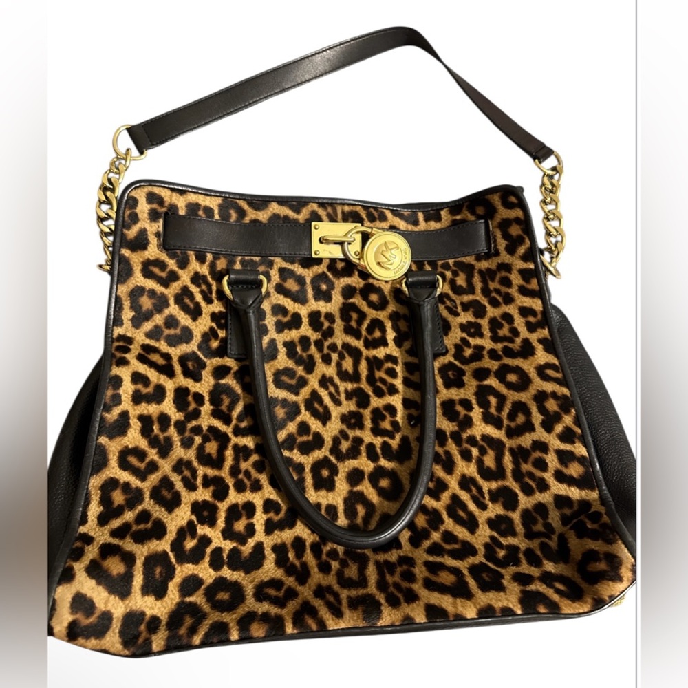 Michael Kors Hamilton Leopard Print Shoulder Bag with Black and Gold Accents